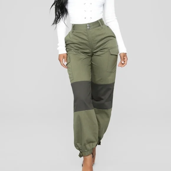 Fashion nova high waisted colorblock cargo pants color olive size Large - Picture 7 of 7